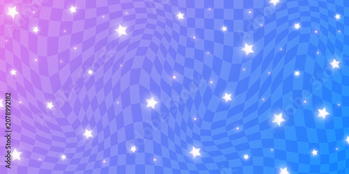 Y2k background with pink and blue soft gradient and cute stars. Aesthetic abstract retro poster with pattern of grid and sparkles. Geometric checkered trendy purple bg. Vector
