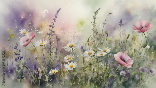 Loose and airy watercolor painting of a wildflower field with vibrant splashes and gentle gradients ideal for floral art prints and nature themed nursery decor.
