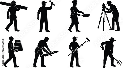 Foto Professional labor and blue collar occupations silhouettes set featuring carpent