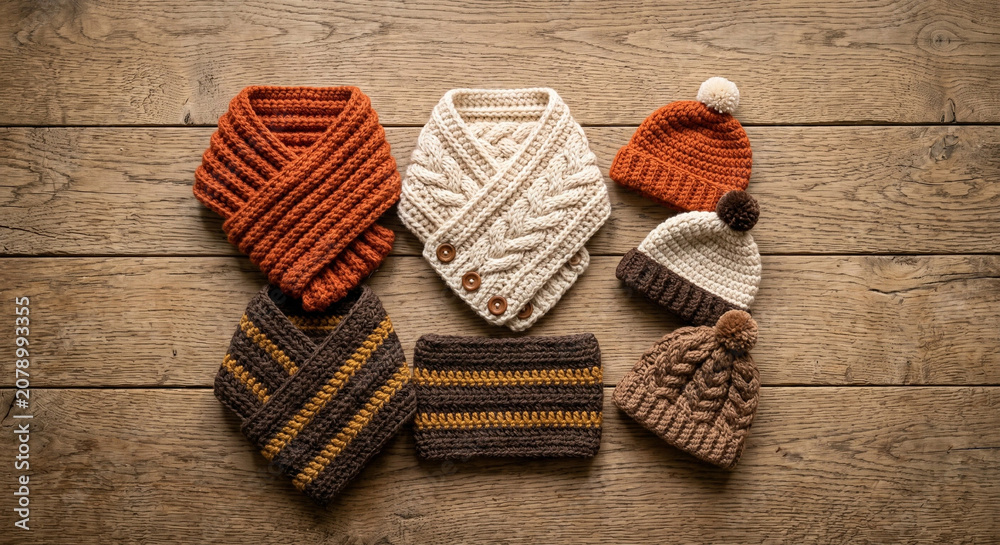 Fototapeta premium knitted winter clothing photo for cozy apparel flat lay with hats and scarves