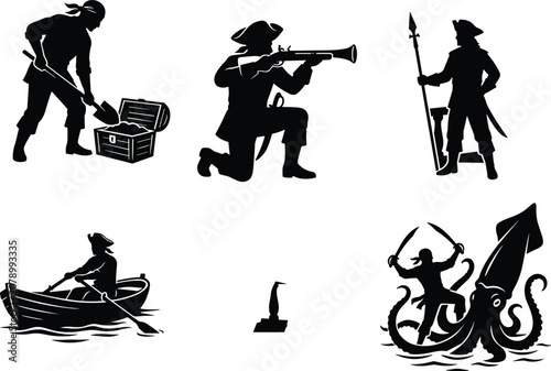 Schilderij op canvas Pirate silhouettes collection featuring corsairs digging treasure chest aiming m