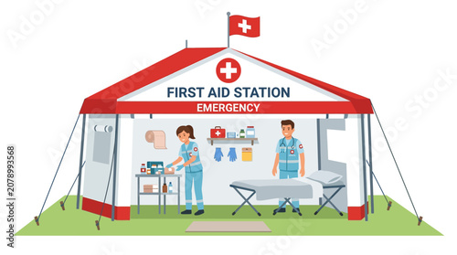 Summer festival  outdoor event First aid station, emergency tent, medical help, healthcare vector isolated on White Background Vactor EPS
