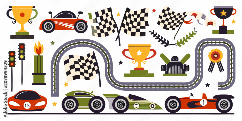 Obraz premium Racing Trophies Flags And Cars Vector Illustration On White Background