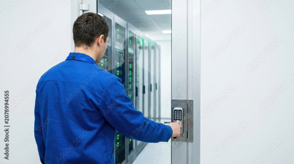 Fototapeta premium Man entering server room using keypad lock for security in data center with racks and equipment