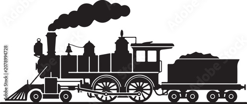 Tableau sur toile Vintage steam locomotive, black silhouette train, industrial transportation icon