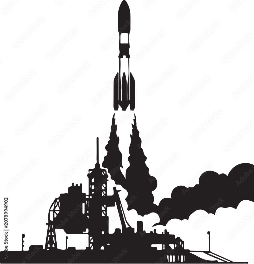 Obraz premium Rocket launch, space shuttle, black silhouette, launchpad, space exploration