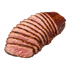 Sliced premium steak cut into thin pieces on a plate