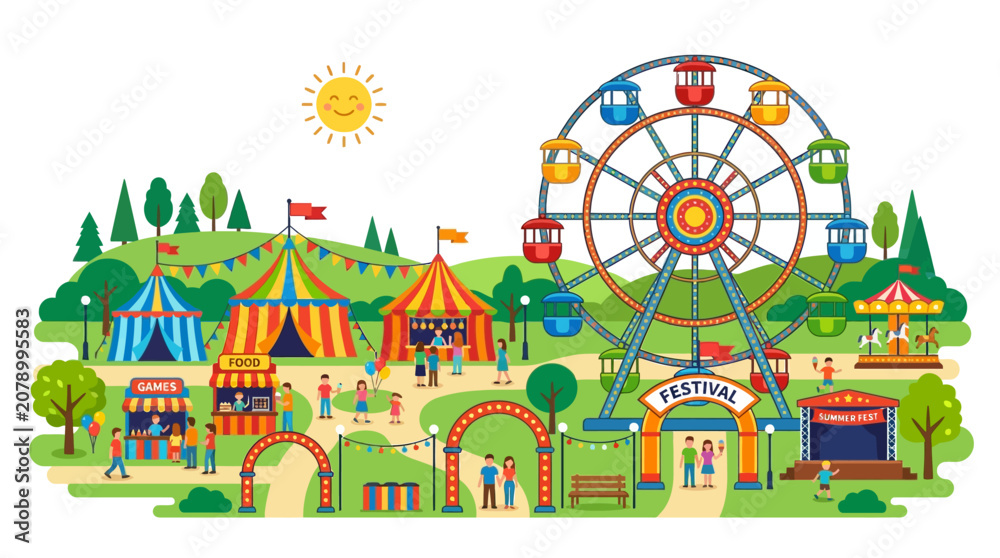 Naklejka premium Colorful carnival, amusement park, fairground, illustration, EPS isolated on Transparent Background