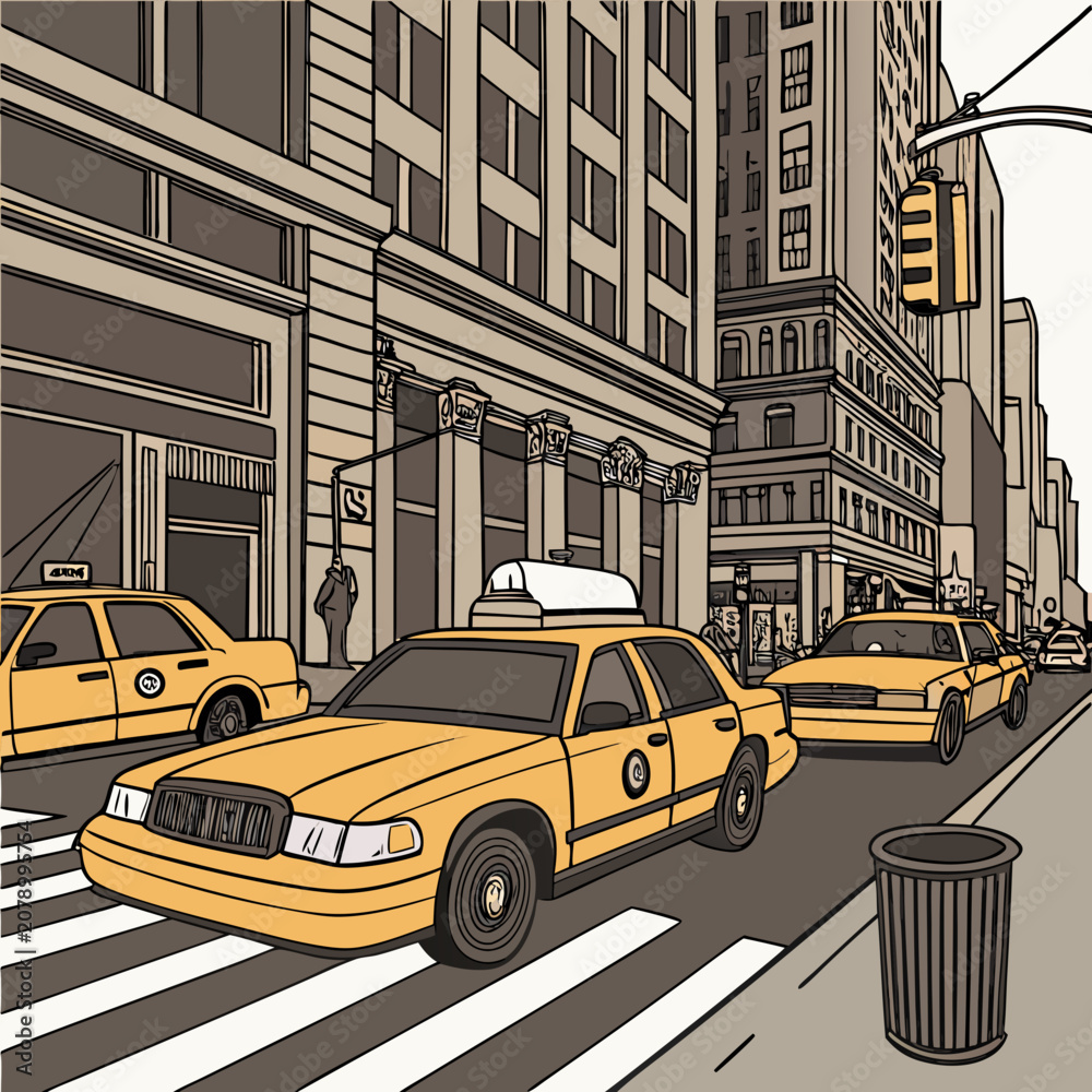 Fototapeta premium Yellow Taxi Cabs, City Street Scene, Urban Landscape, Transportation Vector