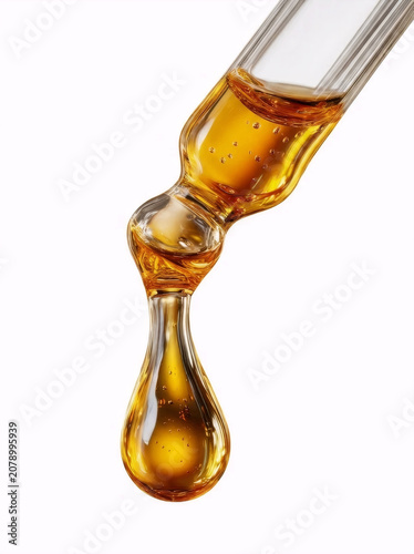 Glass pipette dropper releasing a golden liquid oil drop on white background, for cosmetic serum, luxury skincare. AI generated