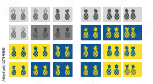 Fotografie Stylized pineapple icons in multiple color palettes and grid layout