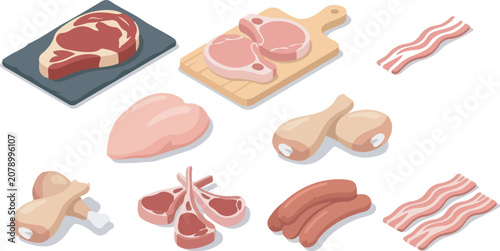 Quadro su tela Fresh Raw Meat Cuts Set Steak Chicken Pork Sausage Bacon Vector