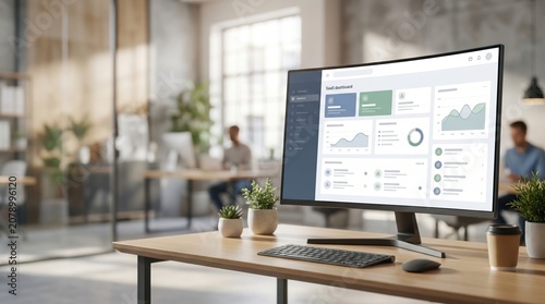 Modern SaaS Dashboard on Computer Monitor in Contemporary Office Workspace