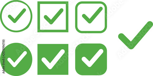 Checkmark tick approve icons set. Success correct done confirm circle, square, rounded symbol collection. Green outline, filled flat vector.