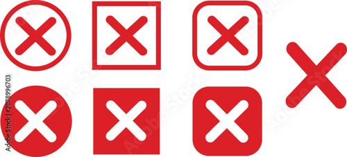 Cross mark cancel delete icons set. Wrong error reject close remove circle, square, rounded symbol collection. Red outline, filled flat vector.