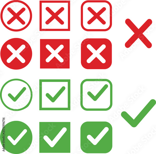 Checkmark tick cross mark icons set. Approve reject correct wrong confirm cancel circle, square symbol. Red, green outline, filled flat vector.