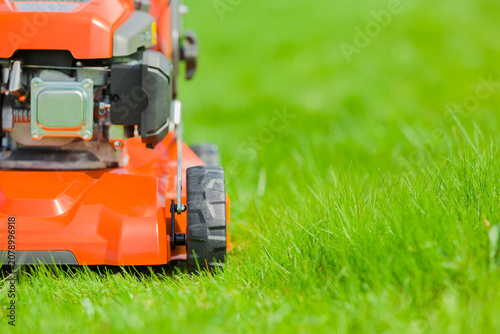 New clean orange lawn mower on green grass at home yard in sunny summer day. Closeup. Empty place for text. Front view.
