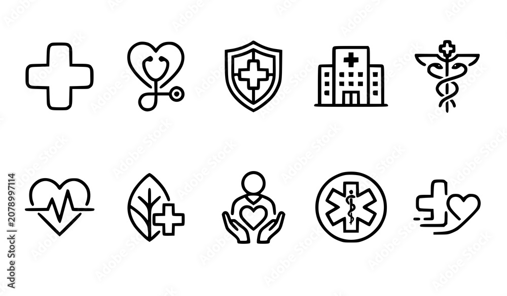 Fototapeta premium Modern Medical Logo Vector Collection Healthcare Hospital Clinic Pharmacy Brand Symbols Minimal Outline Icons