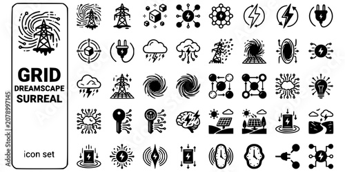 Foto Smart Grid Dreamscape Surreal Black White-Melting Tower Node Float Portal-Surrea