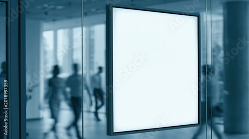 Blank canvas, glass wall, office hallway, framed poster, empty sign, modern interior