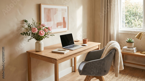 Laptop sits on a polished wooden desk alongside a ceramic vase filled with fresh flowers inside a warm sunlit home office that provides a calm atmosphere for focused professional work tasks.