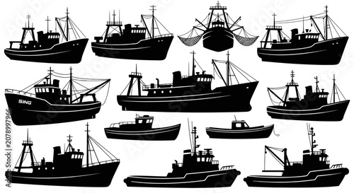 Tableau sur toile Commercial fishing boat and industrial trawler silhouettes