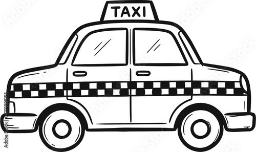 Yellow New York taxi cab hand drawn black and white line art illustration