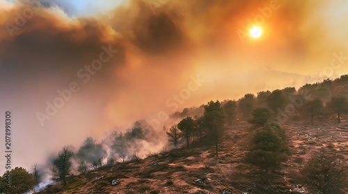 Dramatic Wildfire Smoke Rising Over Burning Forest Hillside at Sunset
