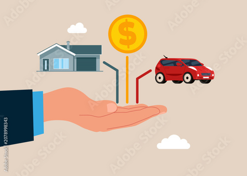 Wealth management for accounting and business. House, car, money savings. Modern vector illustration in flat style