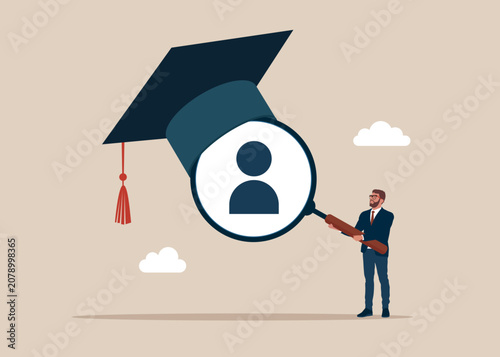 Campus recruitment. Magnifying glass in academic mortarboard hat. Onboarding employee, warm welcome to new office, orientation training on first day. Vector illustration in flat style