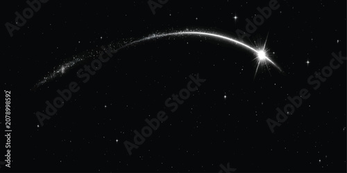 Fotografie Single bright meteor streaking across a dark night sky with astronomy shooting u