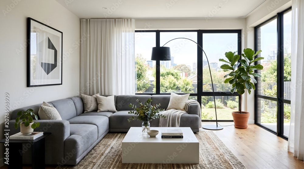 Fototapeta premium Apartment living room displays a grey sectional sofa and a tall arc lamp placed near large windows that offer a glimpse of the outdoors.