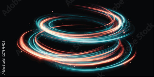 Fotografía Abstract neon light motion swirls on black background with abstract background p