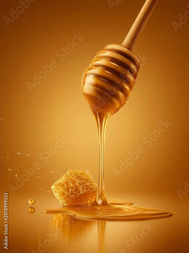 Golden liquid honey drips from a wooden dipper onto a fresh, natural honeycomb piece, with splashes and bubbles. AI generated