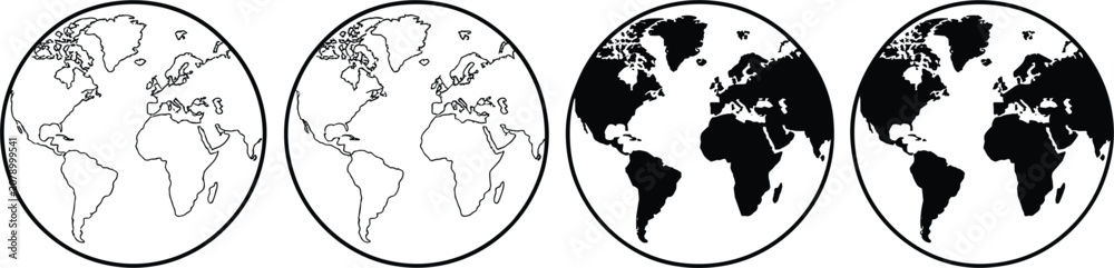 Obraz premium Four globe representing the planet earth, featuring two outline versions and two solid black versions on a plain white background, for maps