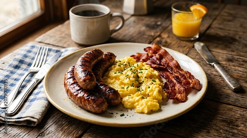 Delicious breakfast plate with sausages and scrambled eggs