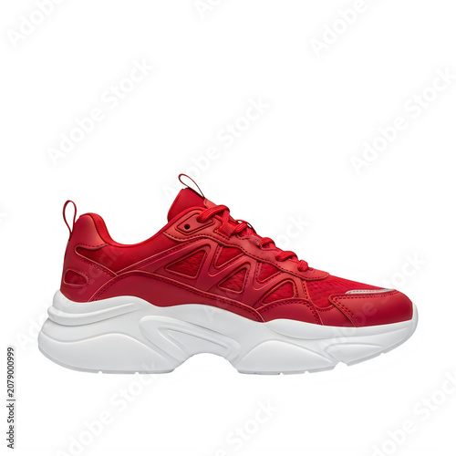 Red athletic running sneaker with white sole