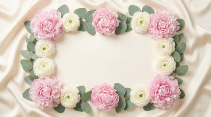 Pink peonies and white ranunculus flowers with eucalyptus arranged in oval frame on silk