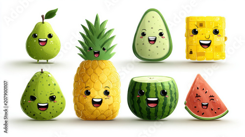 Cute Kawaii Fruit Characters Set with Happy Expressions