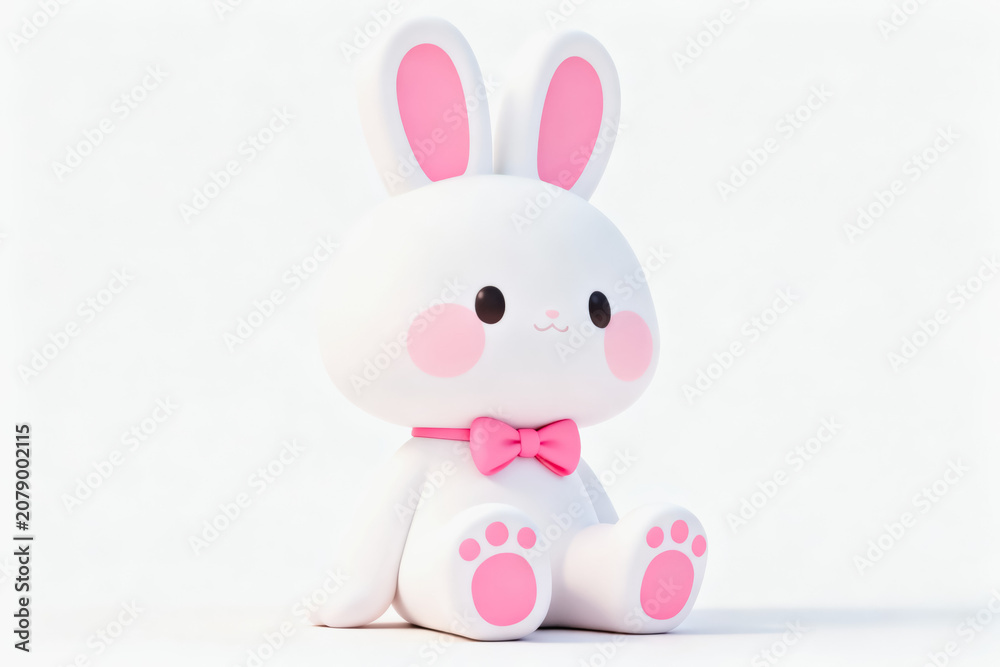 Fototapeta premium A stylized 3D white rabbit figurine with pink accents, featuring a bow, paw prints, and round cheeks, set against a plain white background.