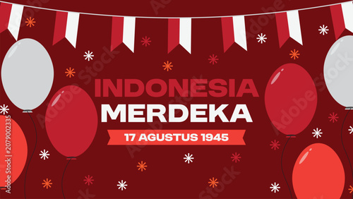 Bild auf Leinwand Red Independence Day celebration background featuring Indonesian flags, balloons, decorative bunting, and festive elements commemorating Indonesia's independence on August 17