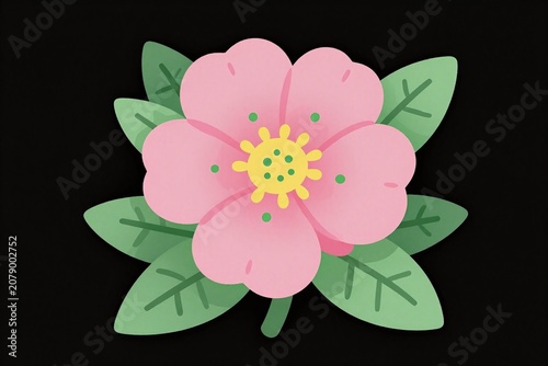 A pink flower with green leaves on a black background_1