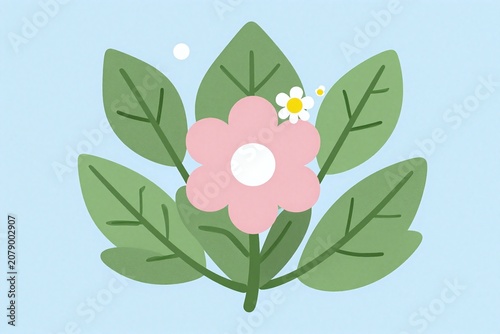 A pink flower with green leaves on a blue background
