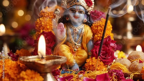 Warm close-up of krishna idol with burning incense and diya among marigolds in a spiritual altar.