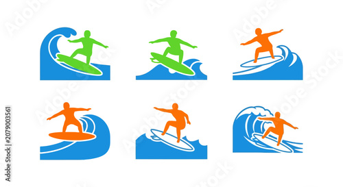 Canvastavla Set of Surfing Icons with Abstract Surfers on Waves