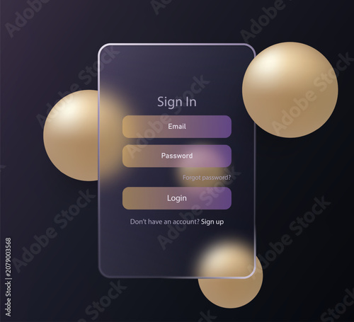 Dark Glass morphism style login interface with golden spheres and a matte map.