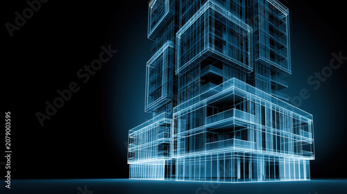 Glowing blue building information model wireframe of a modern tower