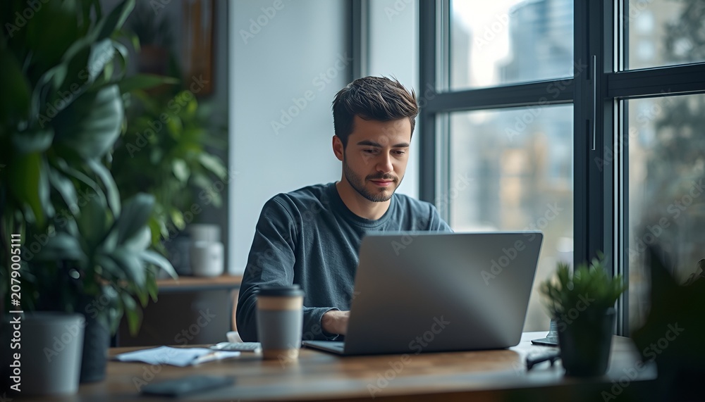 Fototapeta premium Young Professional Working Remotely from a Modern Home Office