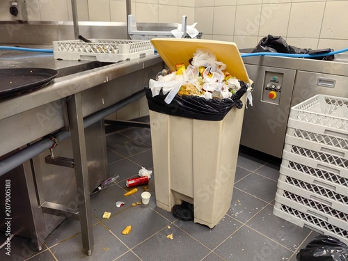 The kitchen area smelled and dirty with piles of garbage exploding from garbage cans scattered on the floor.