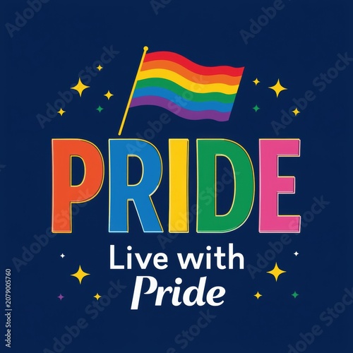Colorful pride text design with rainbow flag illustration
